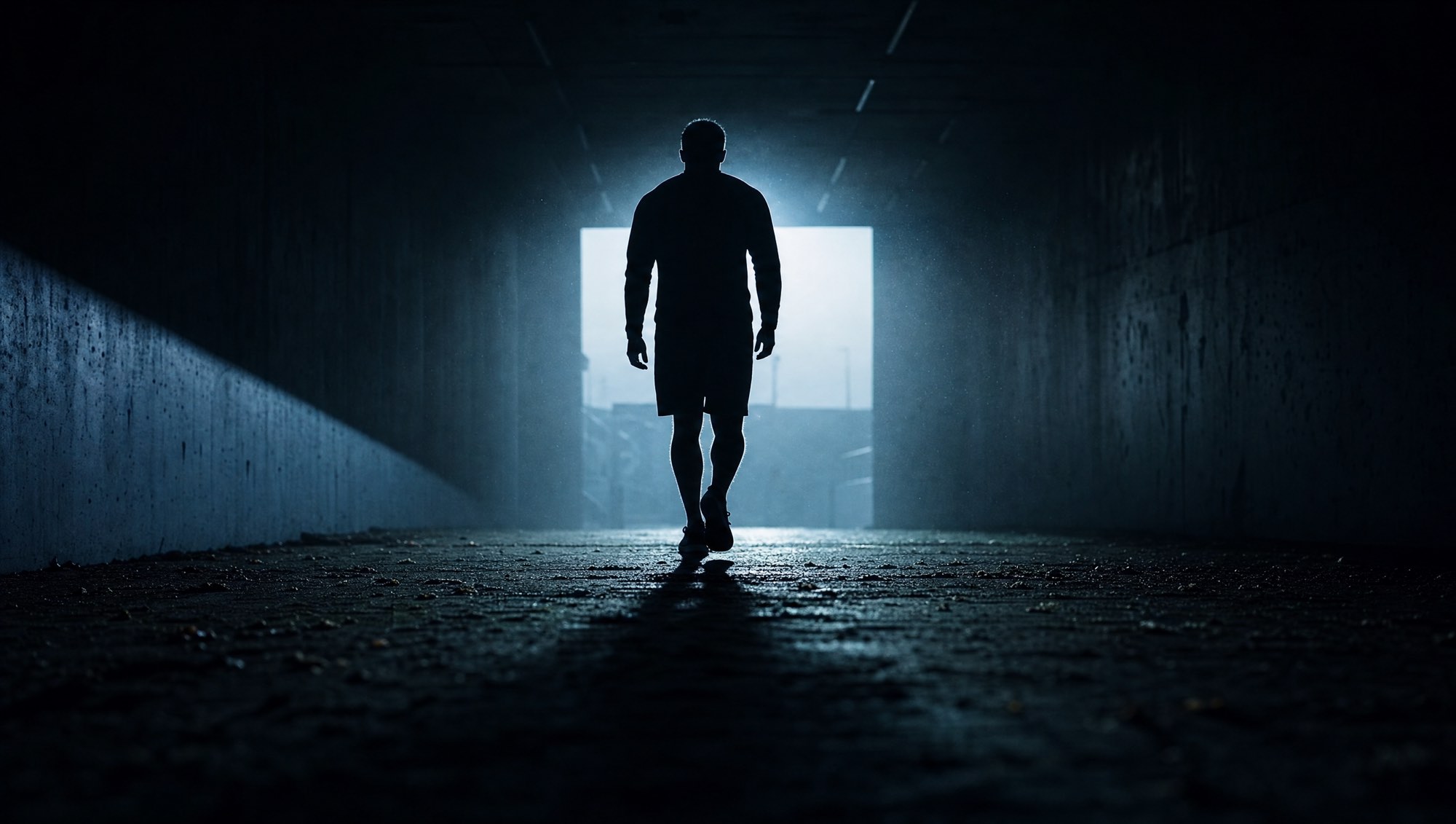 A lone figure walking through a tunnel toward the light