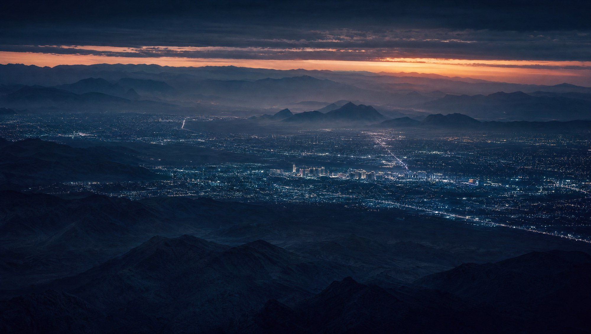 Aerial view of the Las Vegas valley at dusk
