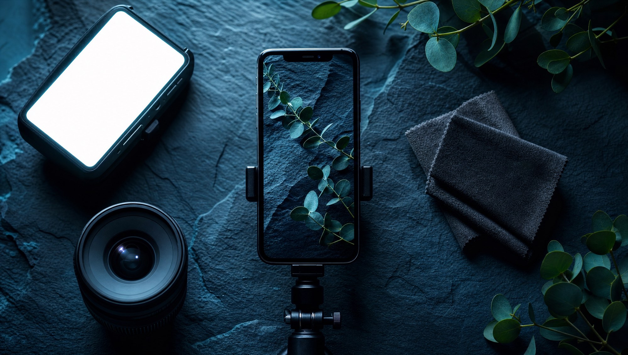 Overhead flat lay of vertical video production tools on dark slate
