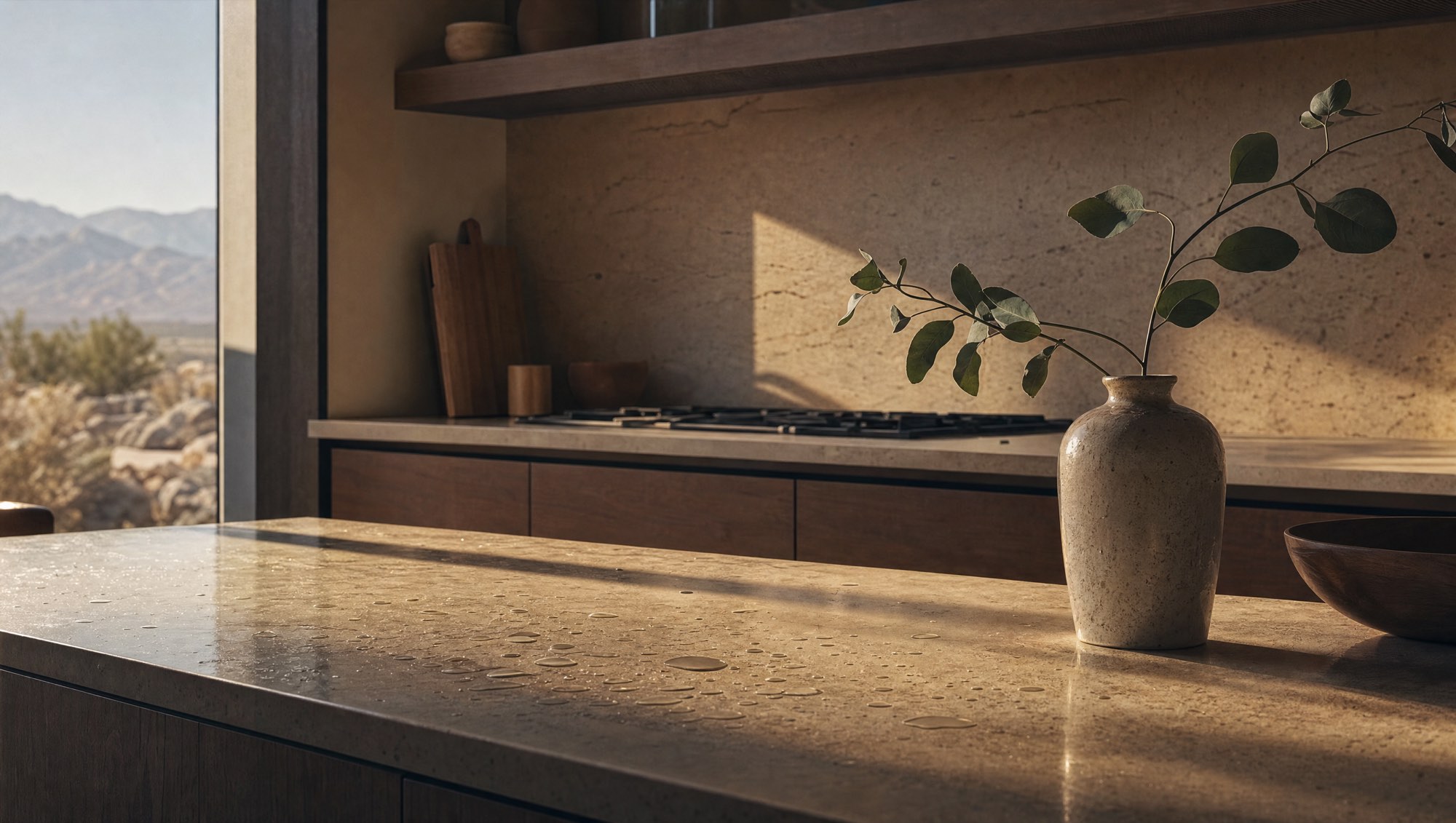 Morning light across a spotless kitchen counter